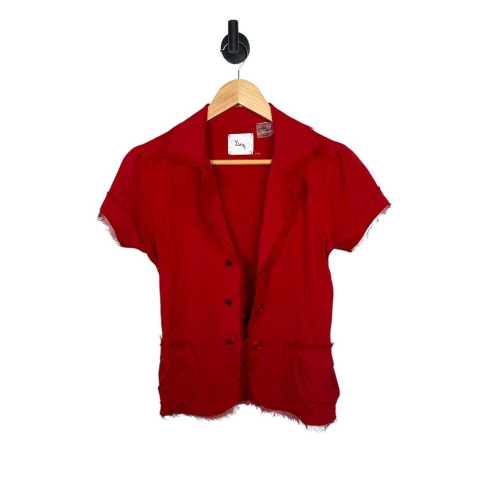 LinQ of Los Angeles Women’s Silk Trim Short Sleeve Button Blouse Red XS